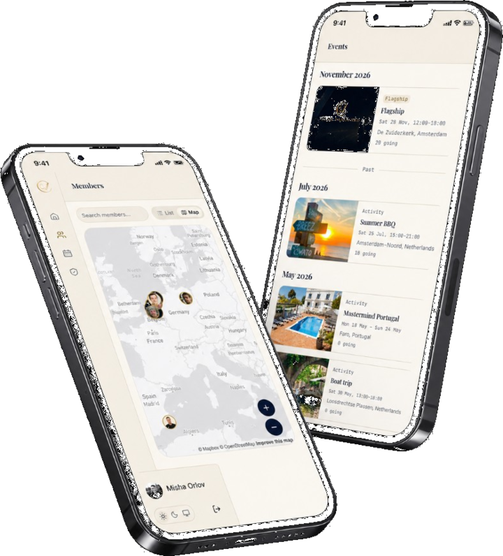 Vanguard app: member-rolodex op de kaart en events-overzicht
